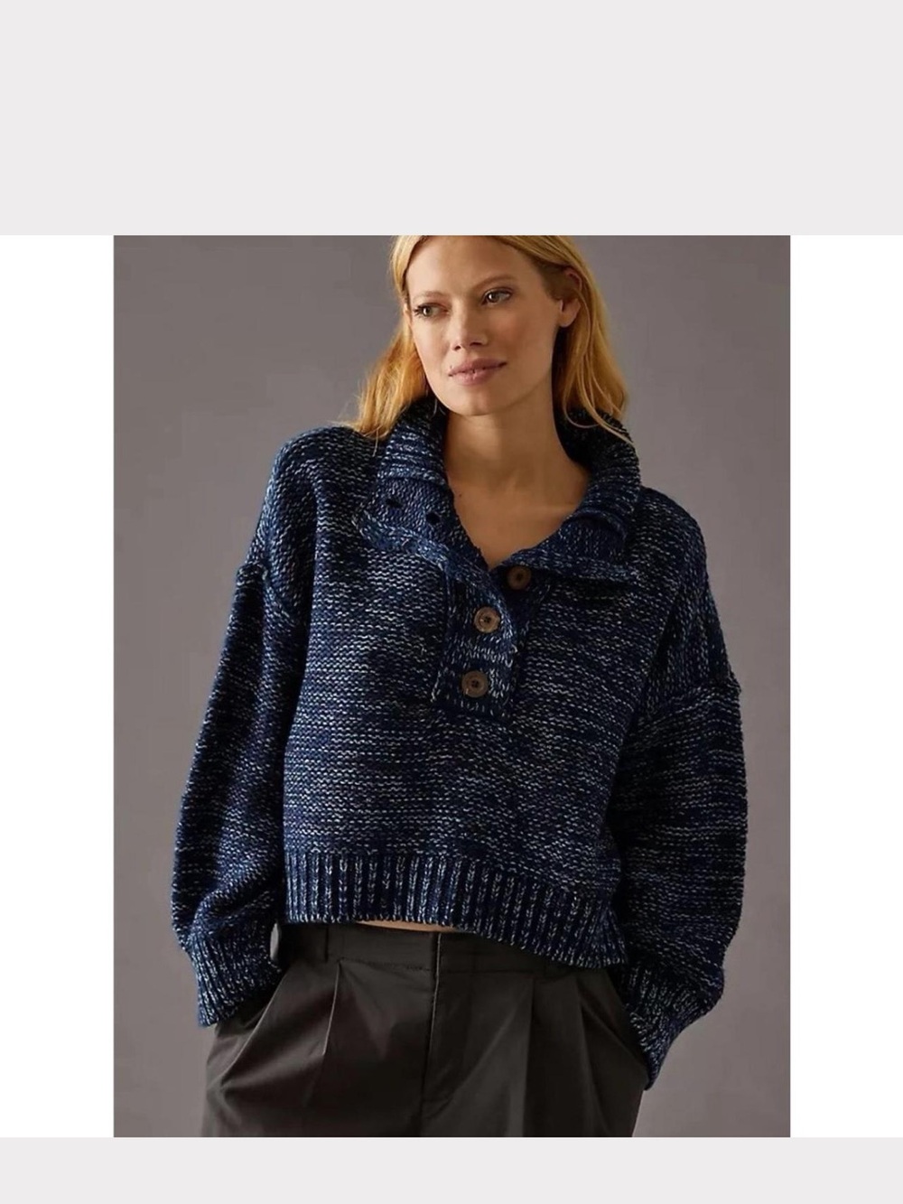 Pilcro Marled Navy Button-Neck Sweater